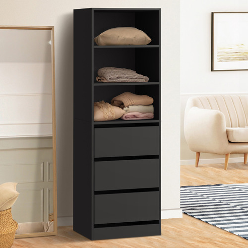 LivingFusion Black Cassandra 3 Shelf 3 Drawer Wardrobe | Temple